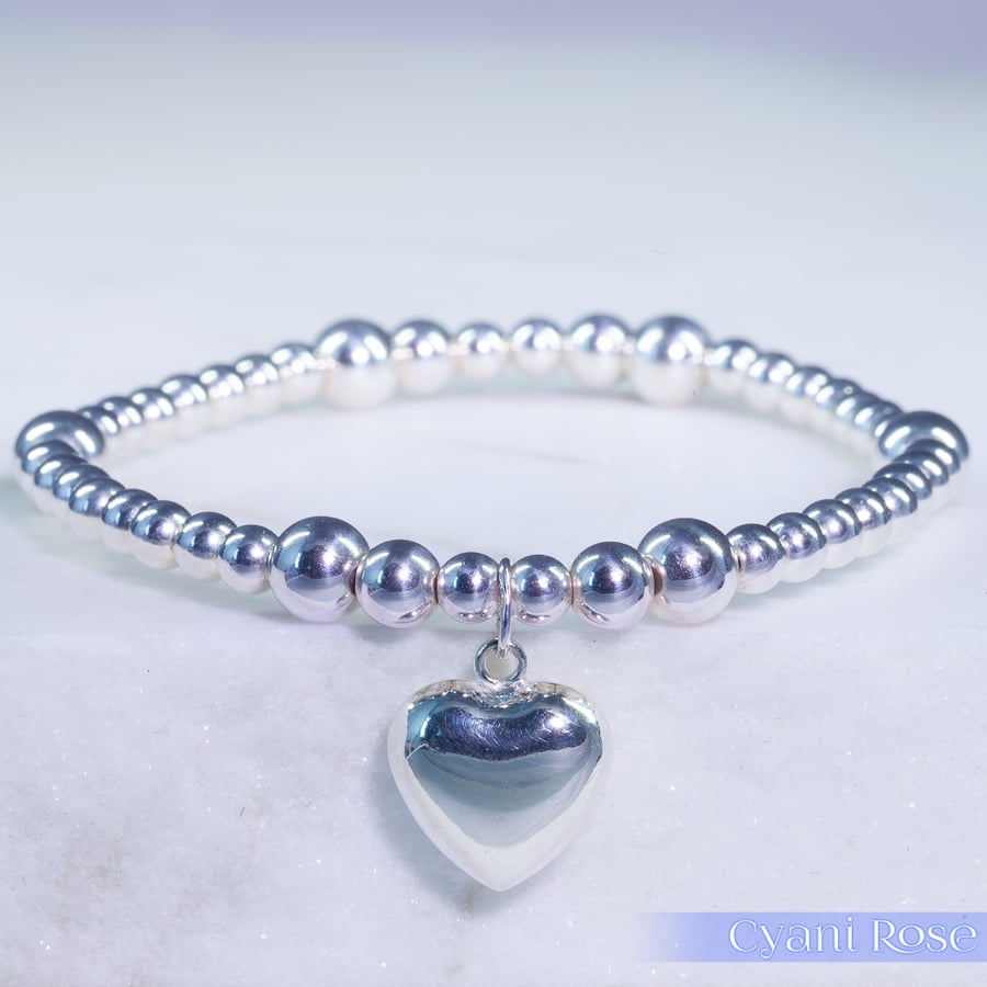 Bracelet sterling silver heart charm stunning statement piece handmade