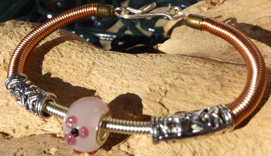 Copper wire with murano glass pink charm bracelet