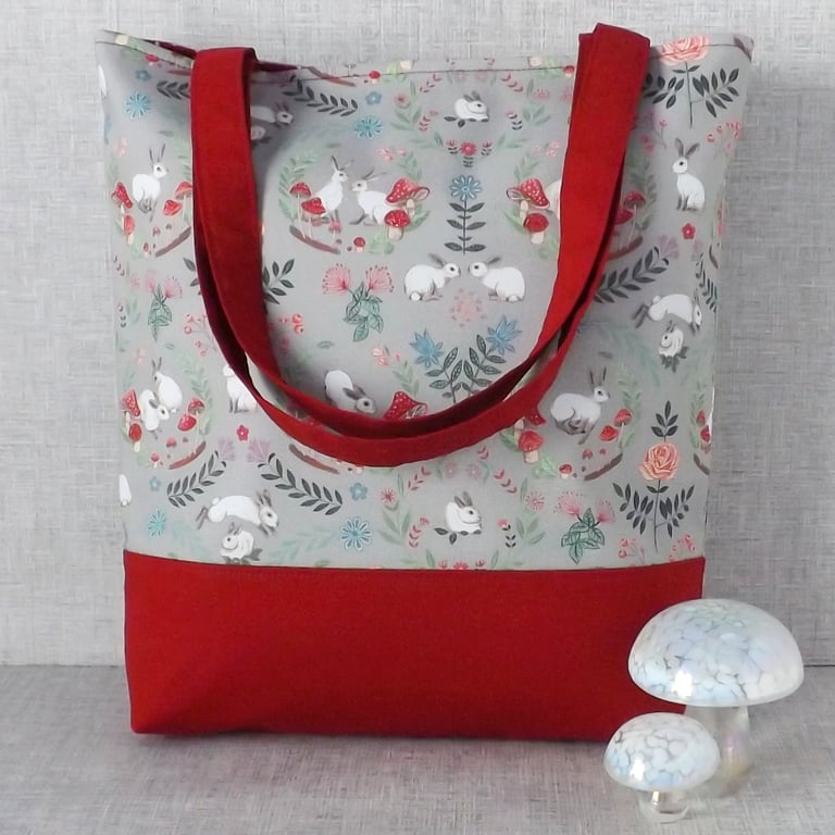 Tote bag, shopping bag, rabbits, mushrooms