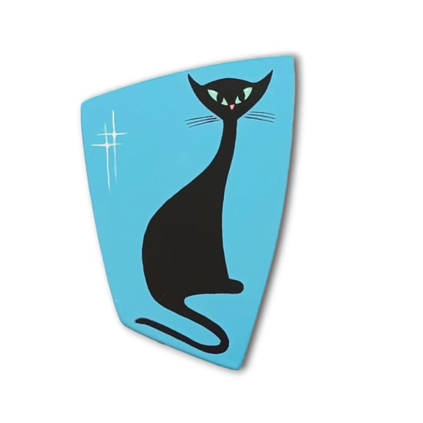 Cat Wall Decoration - Blue Cat Plaque - Mid Century Style Slinky Black Cat Art