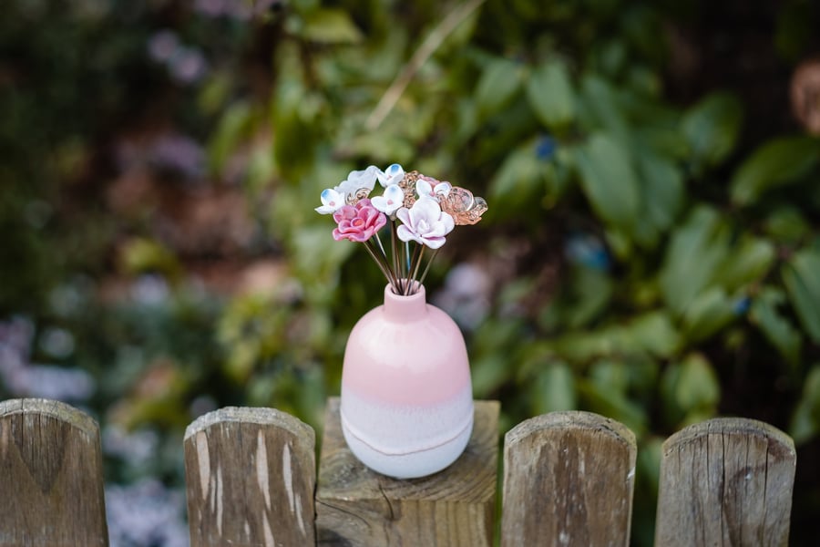 Pink Roses Bouquet in a Pretty Pink Ceramic Vase - Glass Flower Bouquet - Glass 