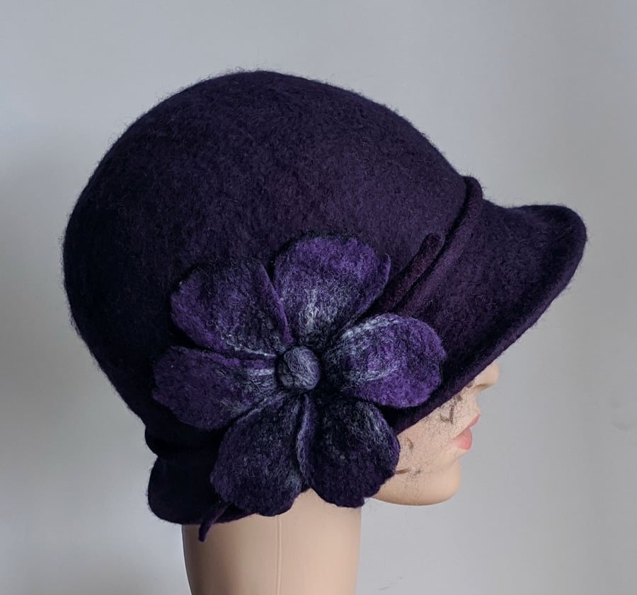 Purple felted wool cloche hat