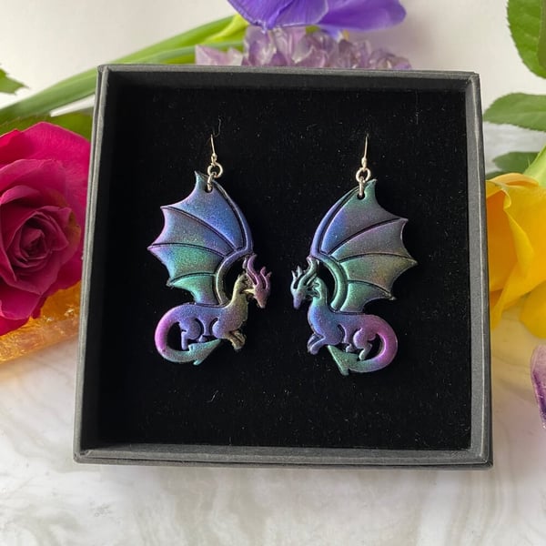Dragon iridescent statement earrings polymer clay and resin on sterling silver.