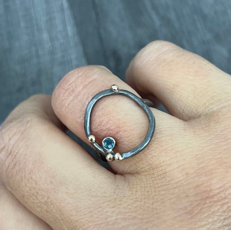 Topaz Rock Pool Ring, circle ring, hammered ring, topaz ring, oxidised ring, 