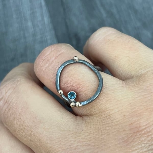 Topaz Rock Pool Ring, circle ring, hammered ring, topaz ring, oxidised ring, 
