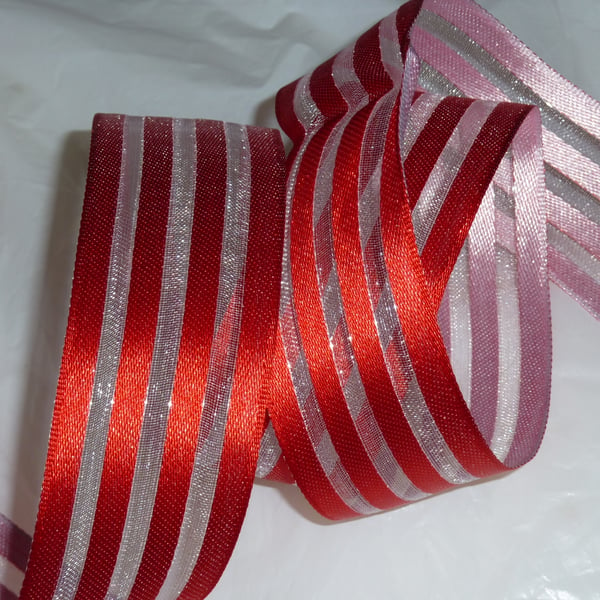 1 Metre Wire Edged Christmas Ribbon 38mm Sheer Red Satin Stripe