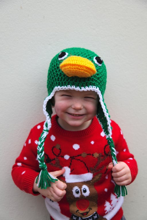 Crochet duck novelty hat, toddler, child, adult sizes, newborn photo prop