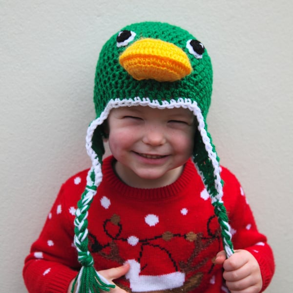 Crochet duck novelty hat, toddler, child, adult sizes, newborn photo prop