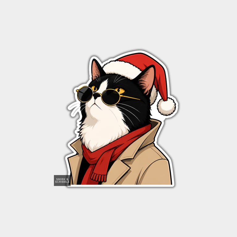 Funny Christmas Sticker Vinyl Xmas Decal For Adults - Cat In Glasses & Hat
