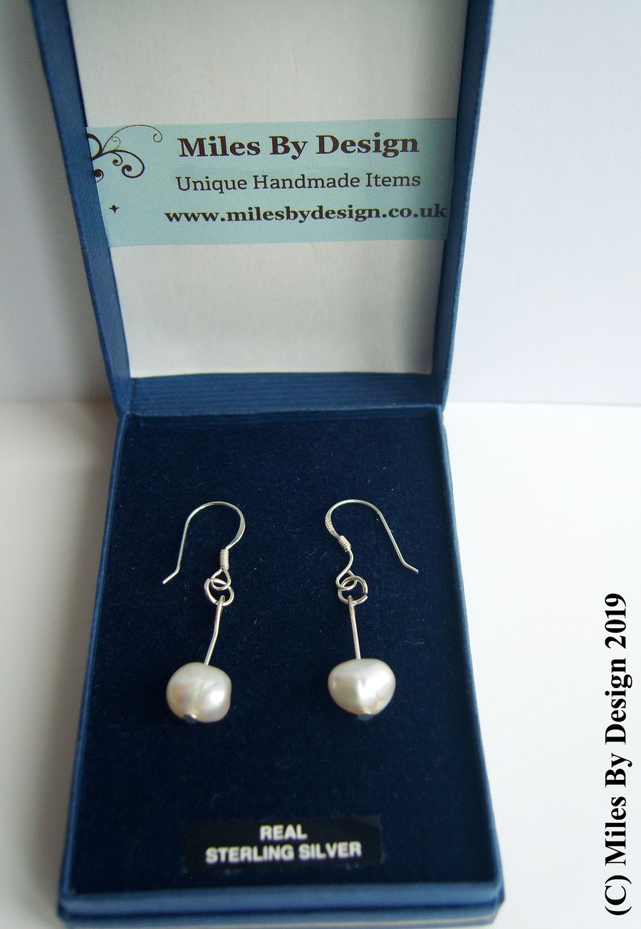 White Cultured Pearl Drop Earrings On 925 Sterling Silver Ear Hooks