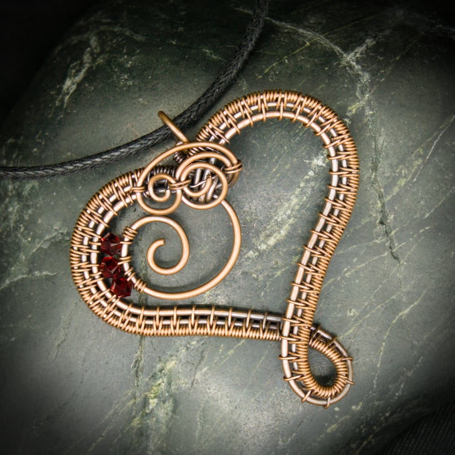 January Copper Heart Birthstone Pendant - Garnet - Siam Swarovski Crystal Beads