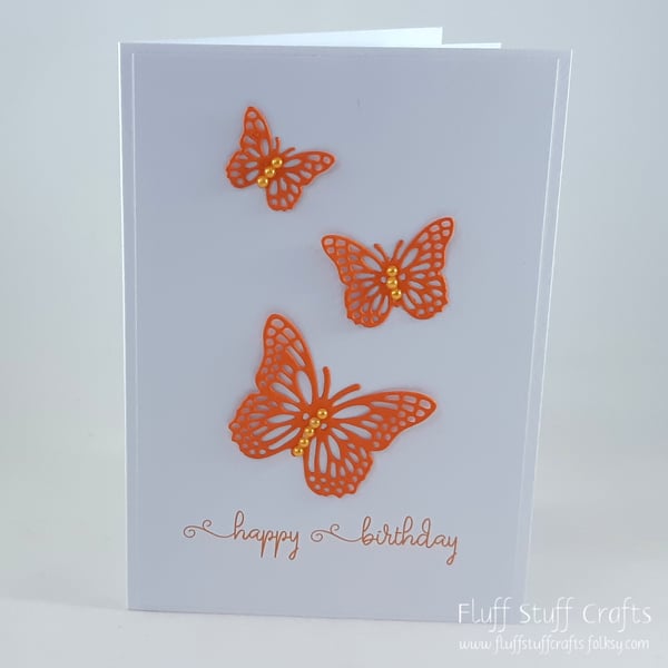 Handmade birthday card - 3 orange butterflies