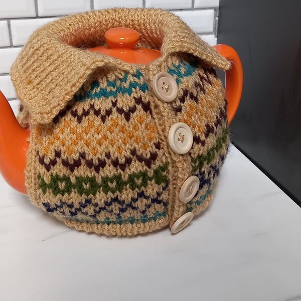 Hand knitted farisle tea cosy, tea cosie