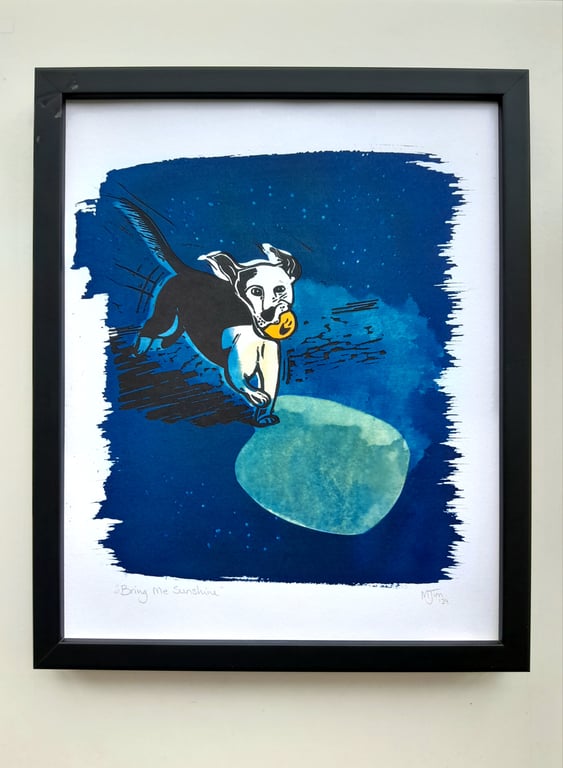 Handprinted Cyanotype Linocut Puppy Sunshine Gift Dog Art Lino Print Handmad