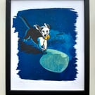 Handprinted Cyanotype Linocut Puppy Sunshine Gift Dog Art Lino Print Handmad