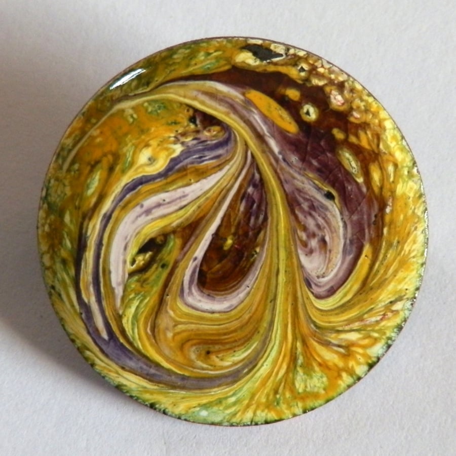 medium round brooch - scrolled dark brown and yellow over white