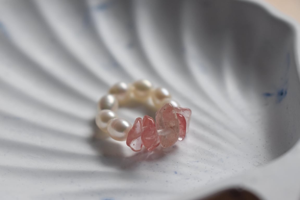 Freshwater Pearl & Cherry Quartz Stretch Band - Handmade Ring