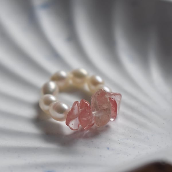 Freshwater Pearl & Cherry Quartz Stretch Band - Handmade Ring