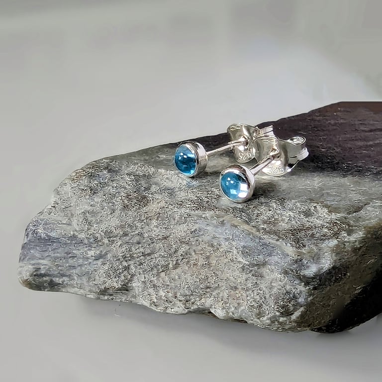 Sterling Silver HANDMADE Classic Gemstone stud earrings, silver topaz earrings