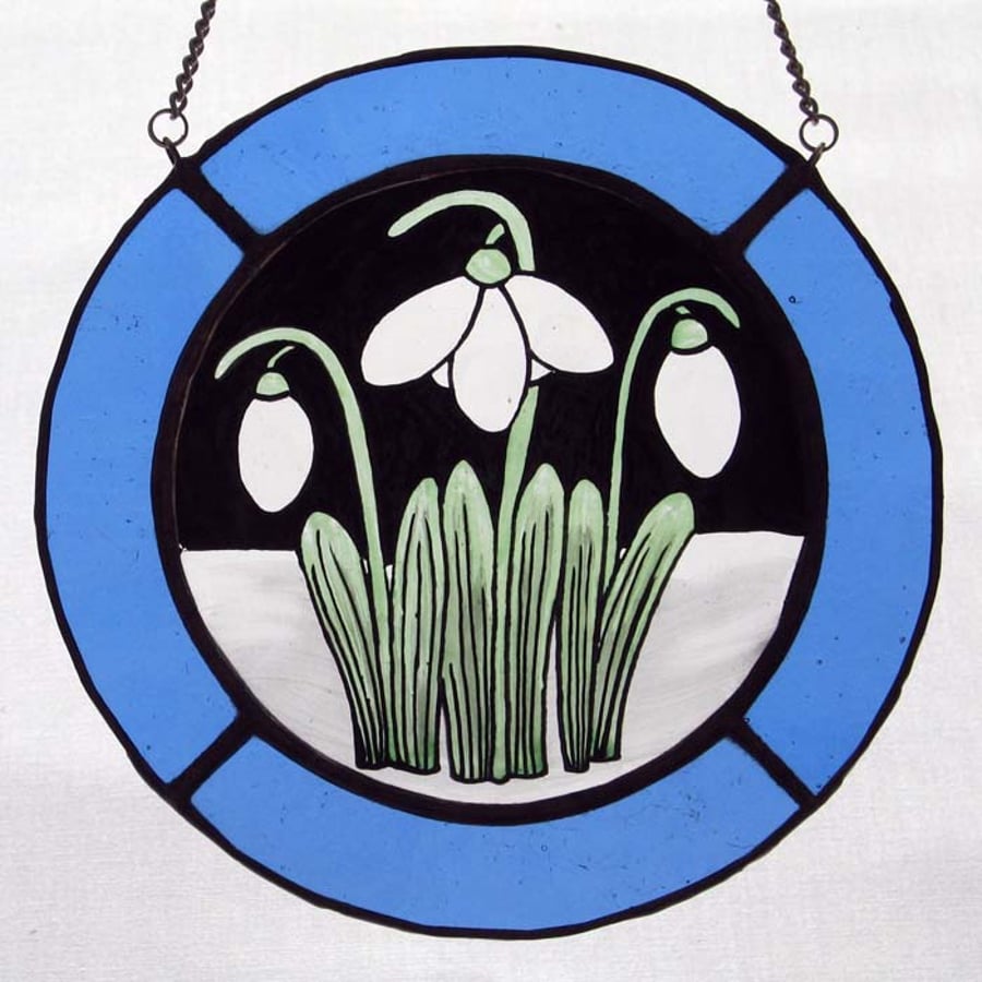 Snowdrop Stained Glass Roundel - Pale Blue Surround