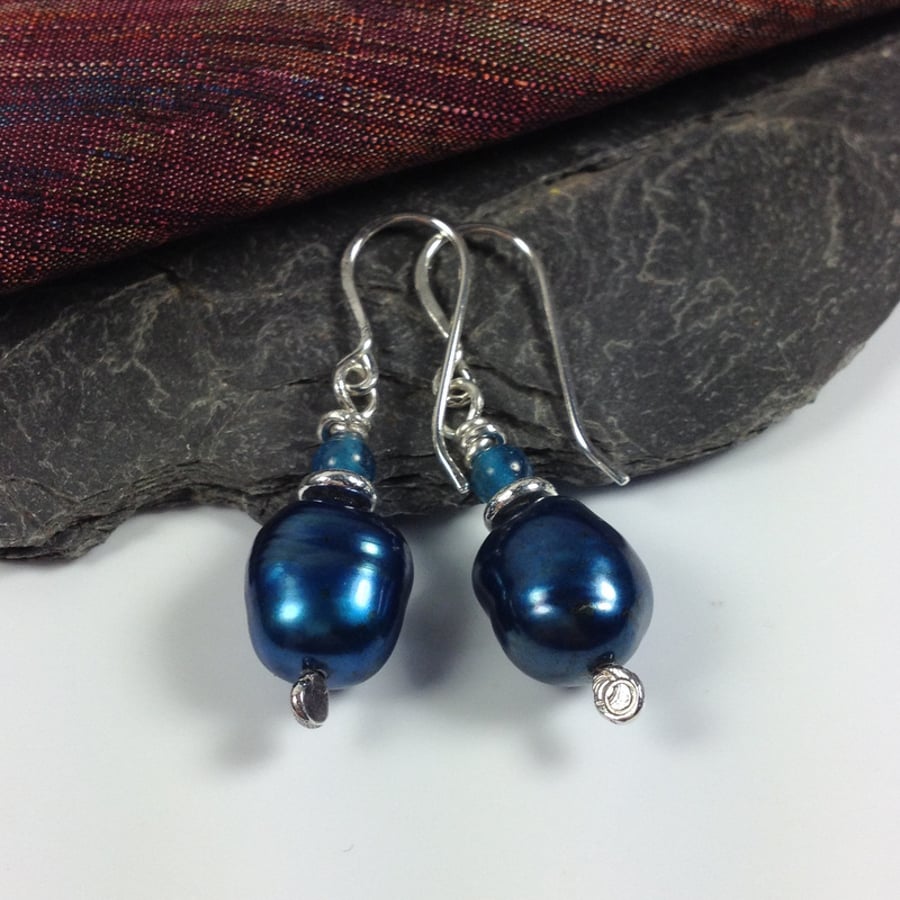 Silver blue pearl and apatite earrings
