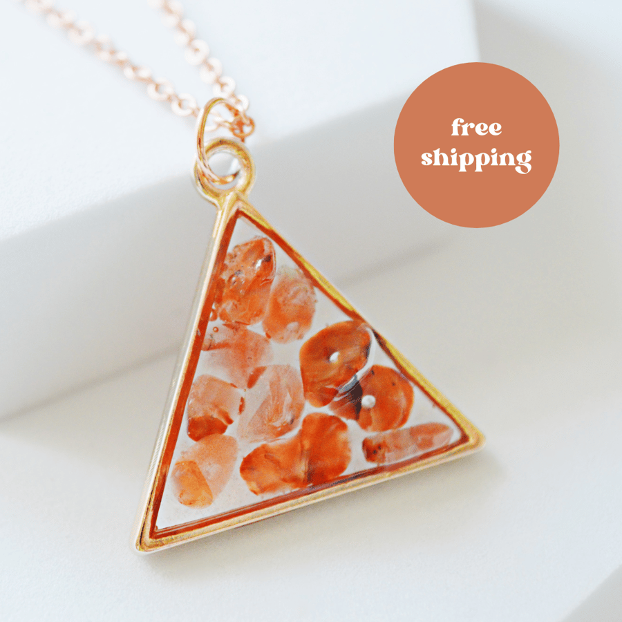 Carnelian Rose Gold plated Triangle Worry Stone Pendant Necklace - Free Postage