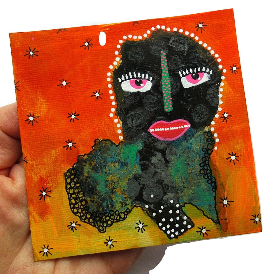 Small Artwork Outsider Folk Art Weird Monster Painting Mixed Media 4x4 Inch 