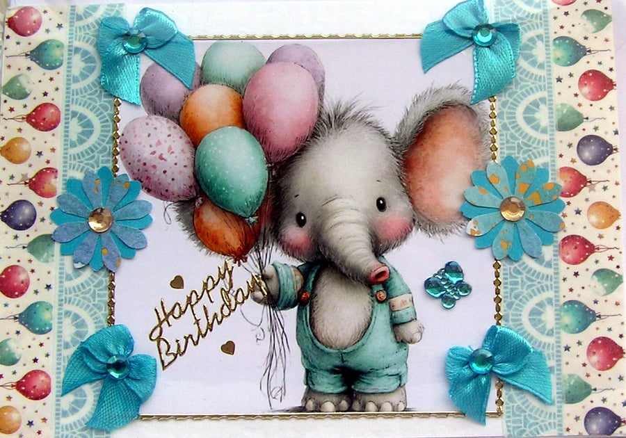 Elephant - Hand Crafted Decoupage Greeting Card - Happy Birthday - 3782