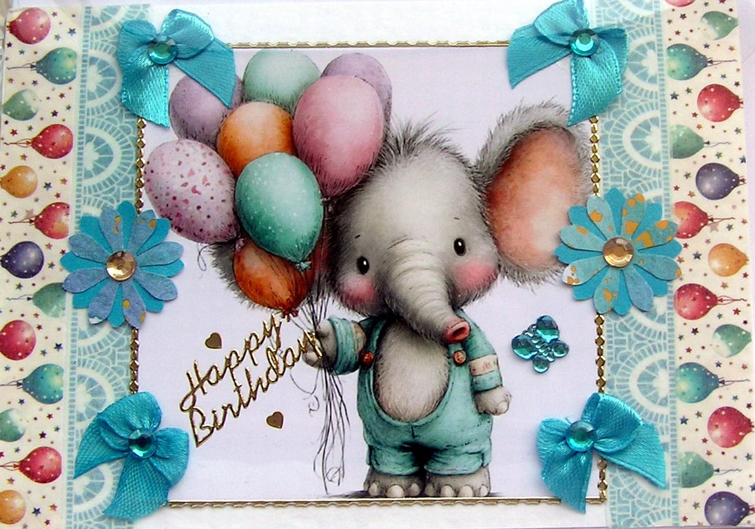 Elephant - Hand Crafted Decoupage Greeting Card - Happy Birthday - 3782