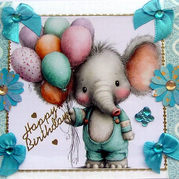 Elephant - Hand Crafted Decoupage Greeting Card - Happy Birthday - 3782