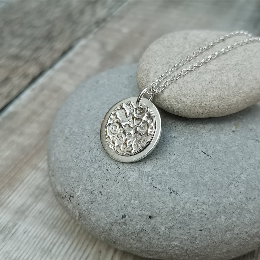 Sterling and Fine Silver Floral Patterned Disc Necklace