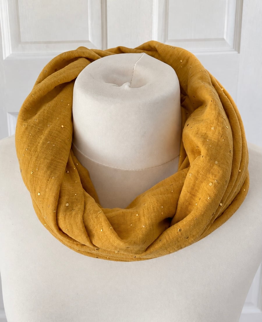 Mustard Gold with Gold Speckles Infinity Scarf, 100% cotton 