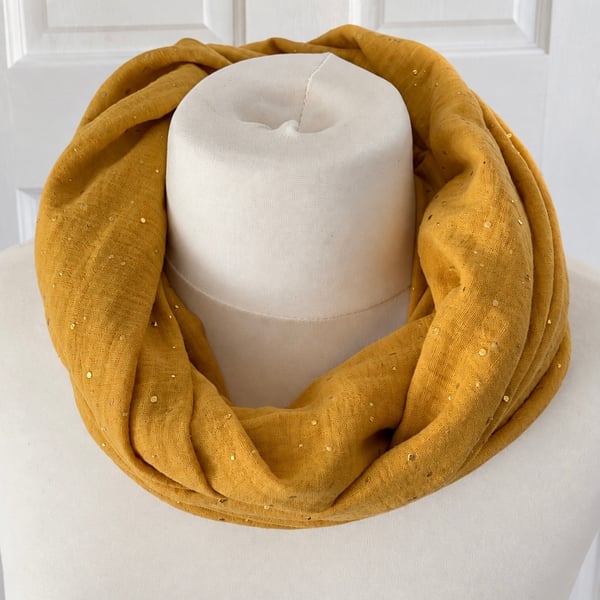 Mustard Gold with Gold Speckles Infinity Scarf, 100% cotton 