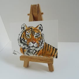 ACEO Tiger Stare Original Watercolour & Ink Painting OOAK 