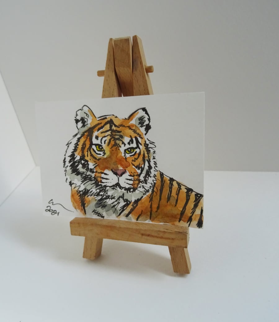 ACEO Tiger Stare Original Watercolour & Ink Painting OOAK 