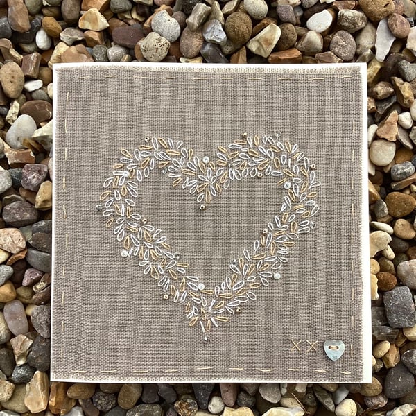 Hand Embroidered Gold and Ivory beaded heart card