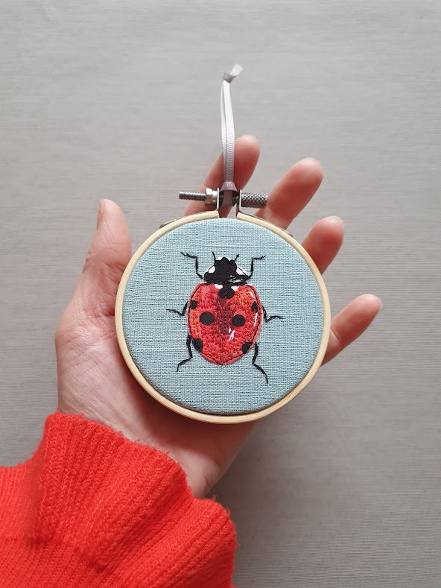 Handmade Ladybird mini hoop, applique & embroidery, hanging decoration