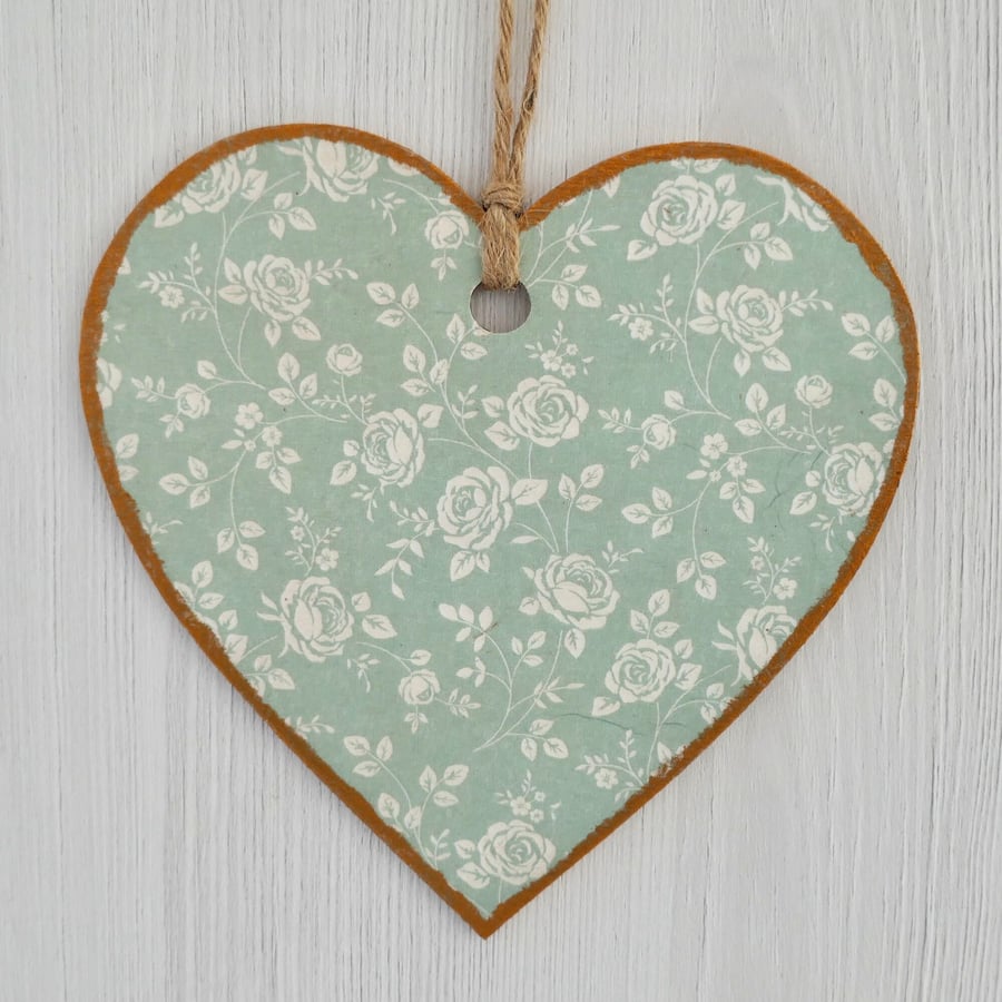 Decoupaged Wooden Hanging Heart 15cm (6”) Pale Blue Ditsy Flower