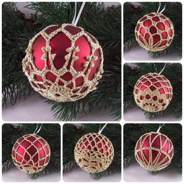 Christmas baubles boxed set of 6 large decorated with crochet lace (A6)