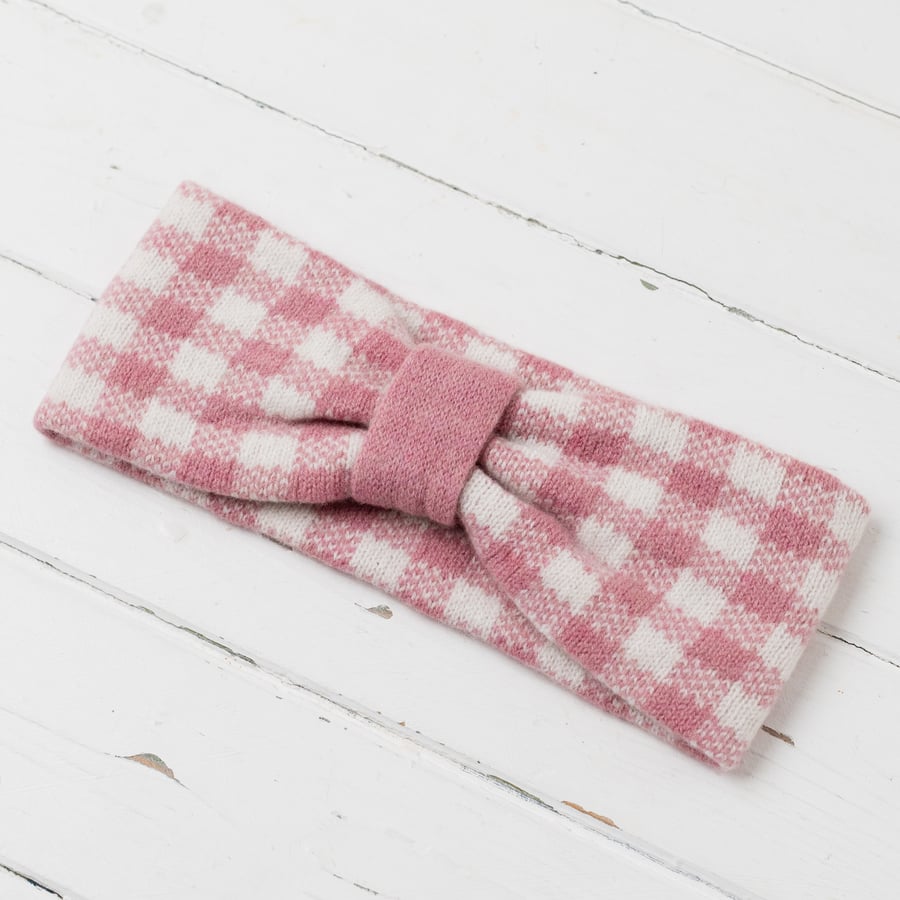 Gingham knitted headband - pink and white