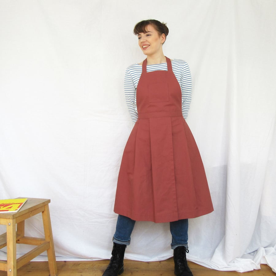 Split Leg Pottery Apron, Pleated Tie Pinafore, Dusty Red Canvas No14:2