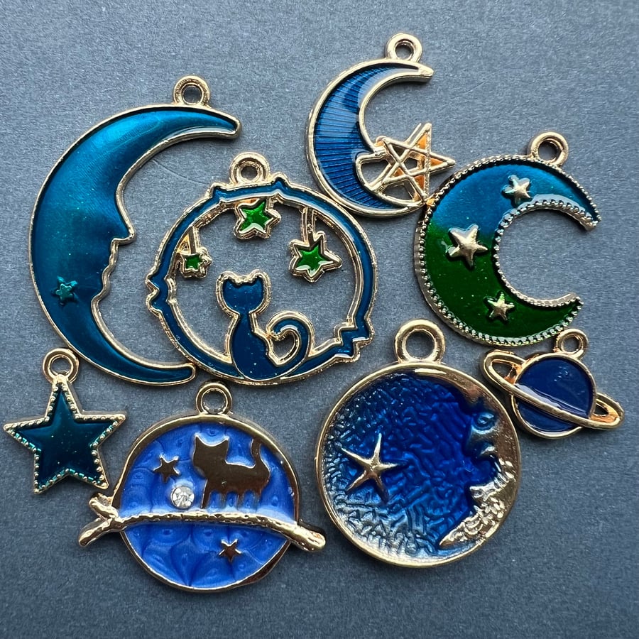 Blue Moon Charm, Navy Enamel charms set, diy Celestrial jewellery making