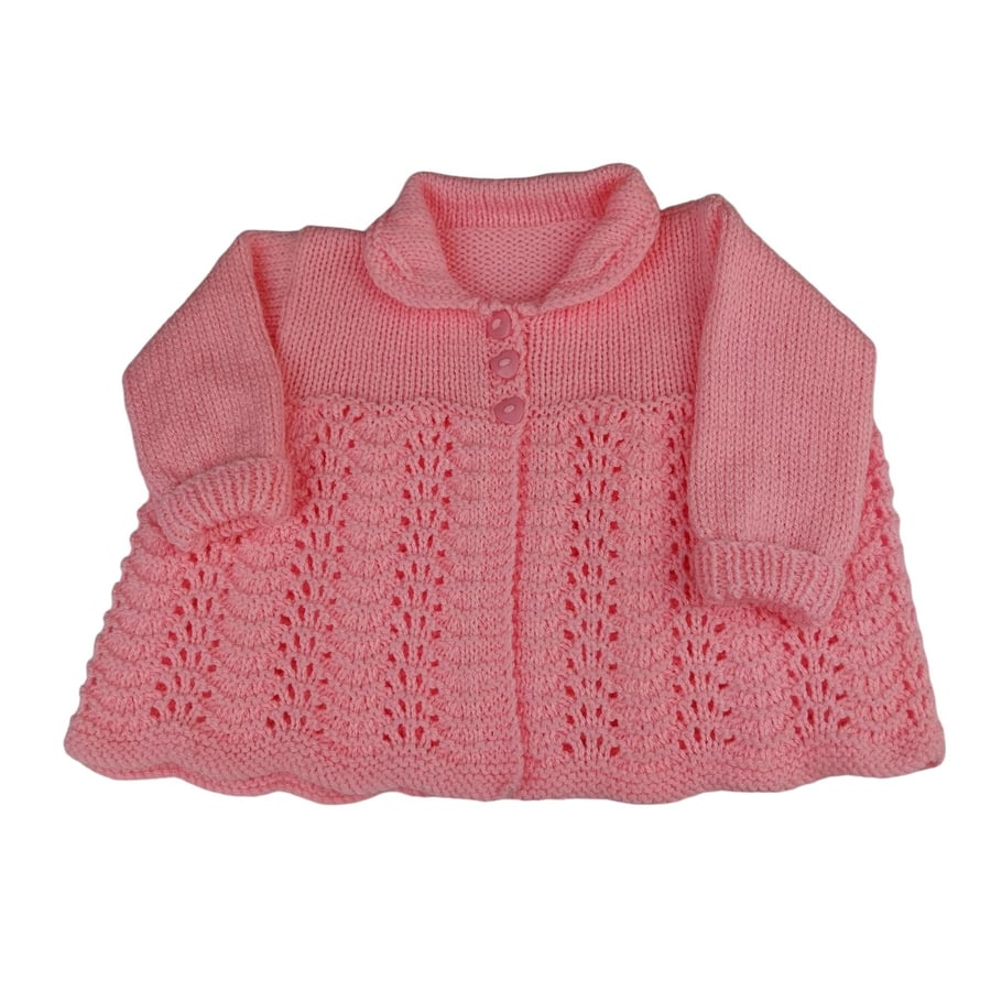 Baby Girl Pink Hand Knitted Baby Cardigan, 0-3 Months, Vintage Design