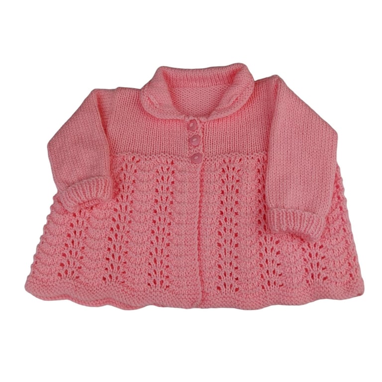 Baby Girl Pink Hand Knitted Baby Cardigan, 0-3 Months, Vintage Design