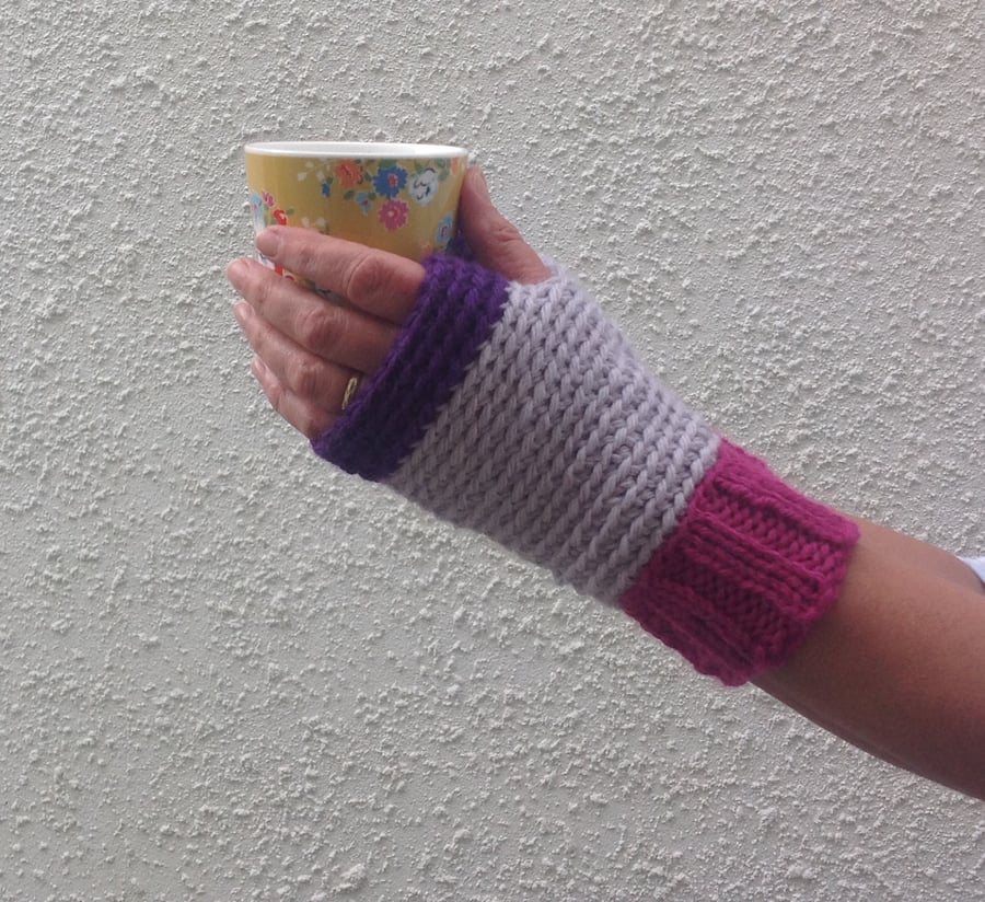SALE...FINGERLESS mitts ,gloves.Wool blend. ' Carnival ' . Pink. Grey. Purple .