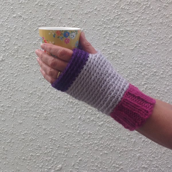 SALE...FINGERLESS mitts ,gloves.Wool blend. ' Carnival ' . Pink. Grey. Purple .