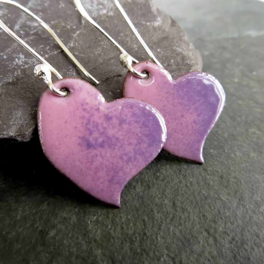 Pink Enamel Heart Earrings, Silver and Copper, Pink and Lilac