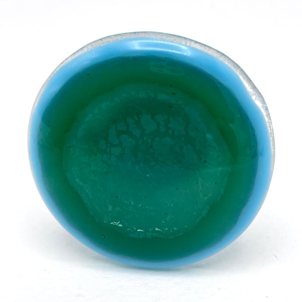 Fused Glass Green Blue Iridescent Brooch