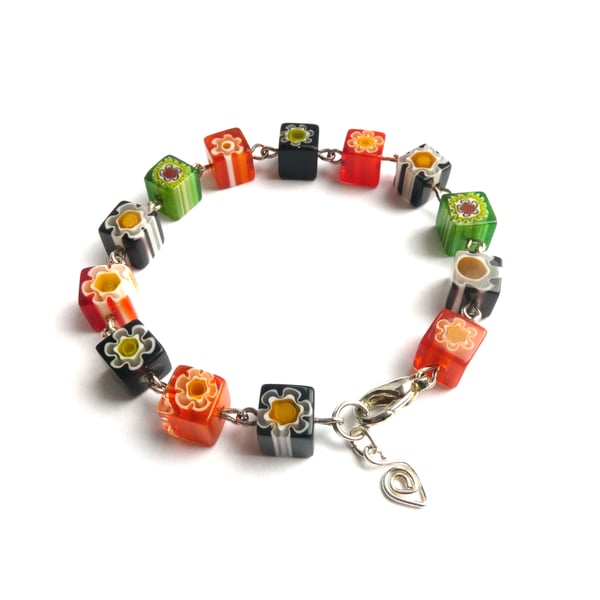 Black, Orange and Green Millefiori Glass Bead Bracelet