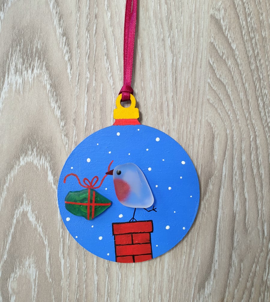 Sea glass robin on chimney